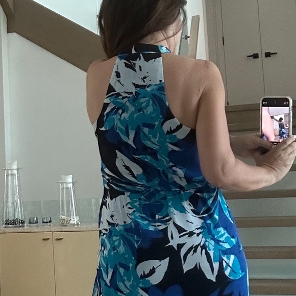 Parker multi blue, some black and white, ruffled dress with tie at the neck. - Picture 3 of 6